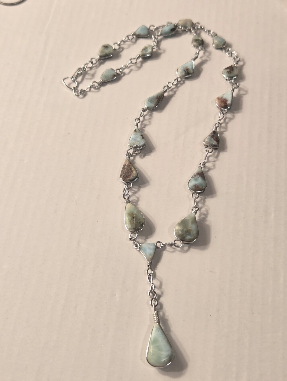 Silver MetalTeardrop Larimar Necklace - Blue-Green Stones